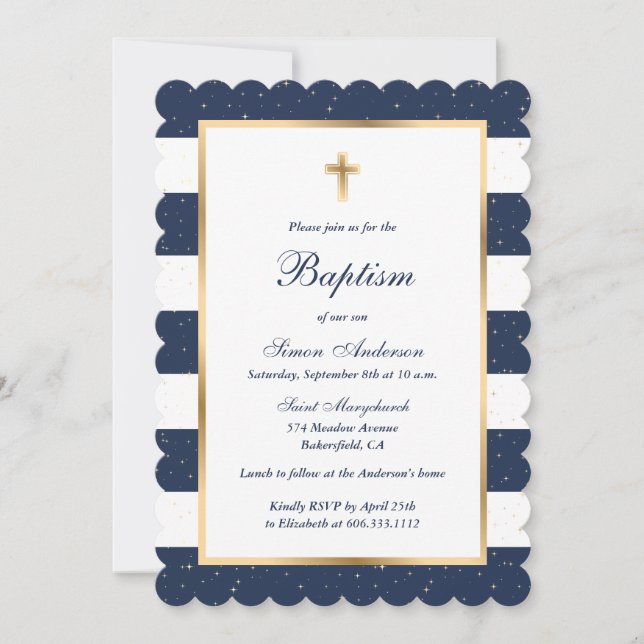 Invitación Moderno Baptismo de niño a rayas de la cruz de oro (Anverso)