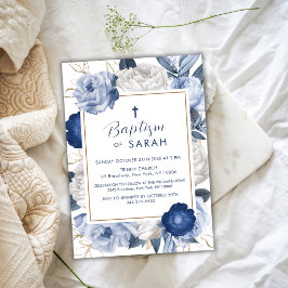 Invitación Moderno Baptismo elegante de Flor Azul y Blanca