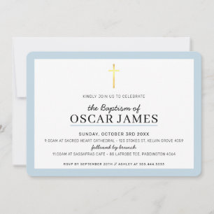 Invitación MODERNO BAPTISMO mínimo cruz de oro simple niño az