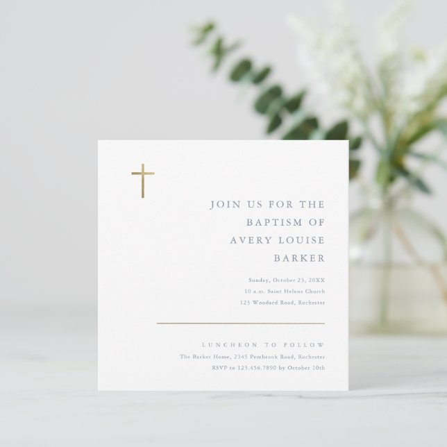 Invitación Moderno Baptismo Mínimo de Oro (Anverso de pie)