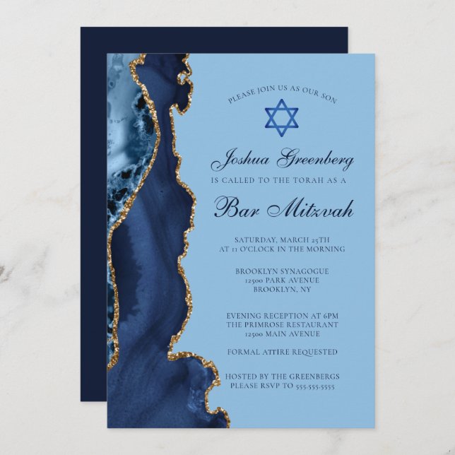 Invitación Moderno bar de la agata de oro azul Mitzvah Fiesta (Anverso / Reverso)