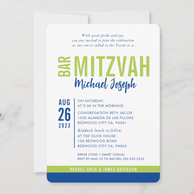 Invitación MODERNO BAR MITZVAH cita a la moda verde lima azul (Anverso)