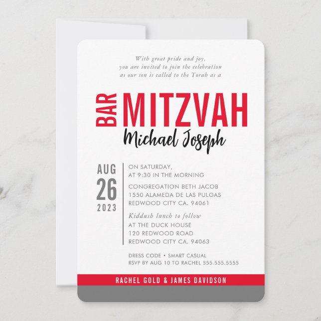 Invitación MODERNO BAR MITZVAH cita de moda gris negro rojo (Anverso)