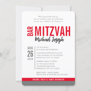 Invitación MODERNO BAR MITZVAH cita de moda gris negro rojo