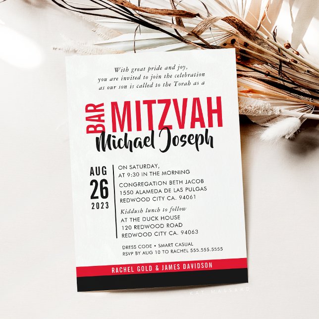 Invitación MODERNO BAR MITZVAH cita de moda negro rojo (Subido por el creador)