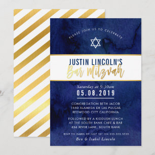 Invitación MODERNO BAR MITZVAH color de agua azul oscuro tipo