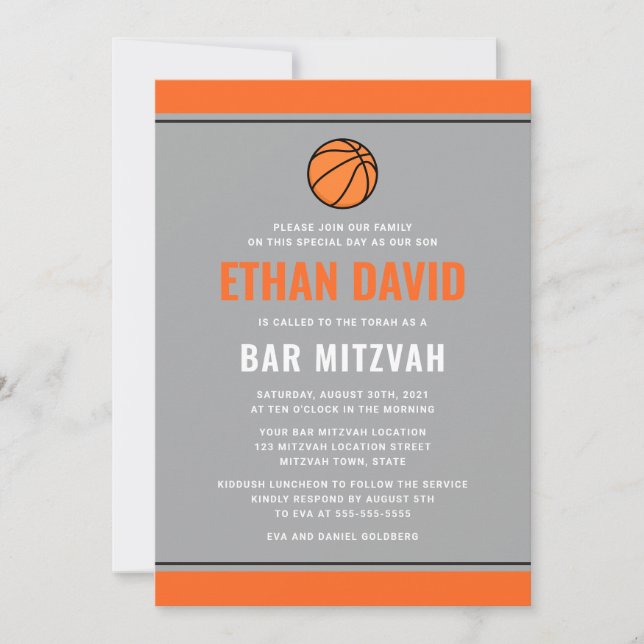 Invitación Moderno bar mitzvah de baloncesto de fondo gris y  (Anverso)