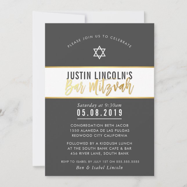 Invitación MODERNO BAR MITZVAH elegante escritura de oro gris (Anverso)