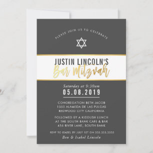 Invitación MODERNO BAR MITZVAH elegante escritura de oro gris
