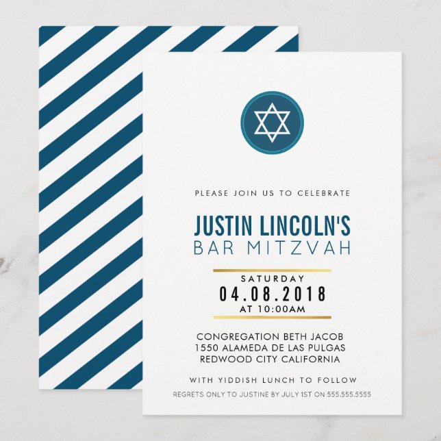 Invitación MODERNO BAR MITZVAH fiesta INVITAR azul oscuro fre (Anverso / Reverso)