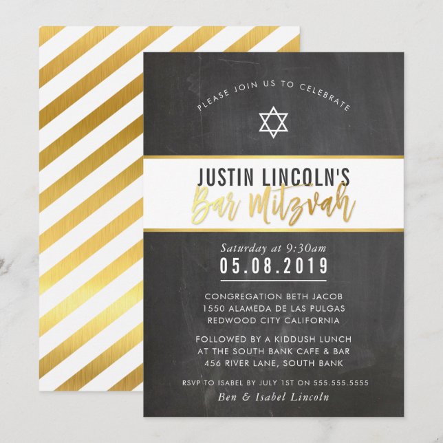 Invitación MODERNO BAR MITZVAH genial escritura de oro en piz (Anverso / Reverso)