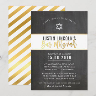 Invitación MODERNO BAR MITZVAH genial escritura de oro en piz