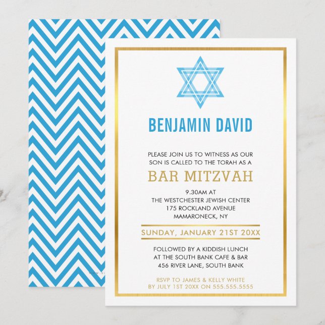 Invitación MODERNO BAR MITZVAH INVITE estrella jewish azul do (Anverso / Reverso)