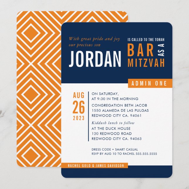Invitación MODERNO BAR MITZVAH naranja de la marina de moda e (Anverso / Reverso)