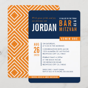 Invitación MODERNO BAR MITZVAH naranja de la marina de moda e