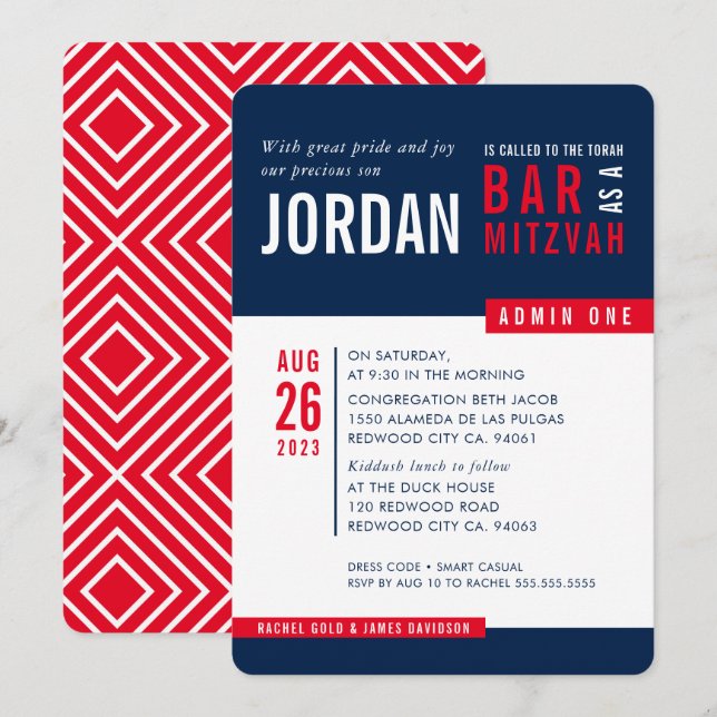Invitación MODERNO BAR MITZVAH trendy negrita bloqueo azul ma (Anverso / Reverso)