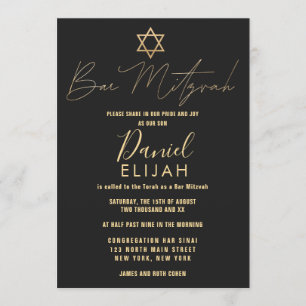 Invitación Moderno bar simple de estrella negra dorada Mitzva