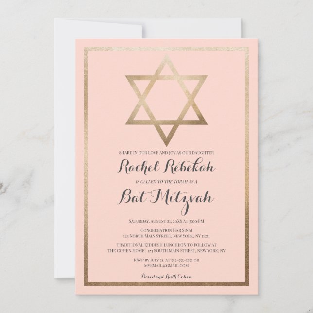 Invitación Moderno Bat Mitzvah con estrella de oro rosado sim (Anverso)