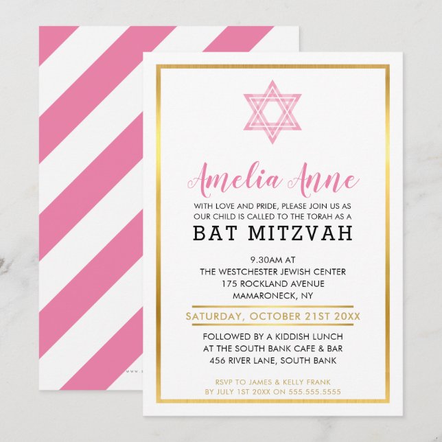 Invitación MODERNO BAT MITZVAH INVITA estrella jewish rosa do (Anverso / Reverso)