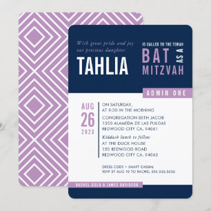 Invitación MODERNO BAT MITZVAH negrita bloque azul marino púr