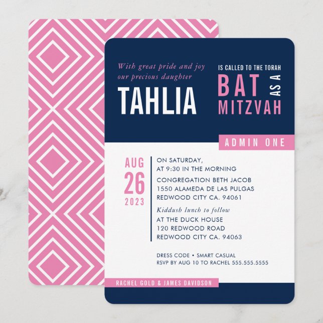 Invitación MODERNO BAT MITZVAH negrita bloqueo de la marina r (Anverso / Reverso)