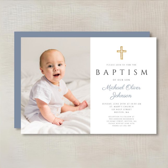 Invitación Moderno bautismo de foto de chico de la Cruz Azul  (Modern Dusty Blue Cross Boy Photo Baptism Invitation)
