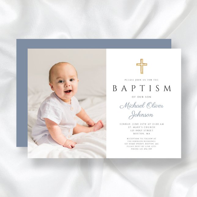 Invitación Moderno bautismo de foto de chico de la Cruz Azul  (Modern Dusty Blue Cross Boy Photo Baptism Invitation)