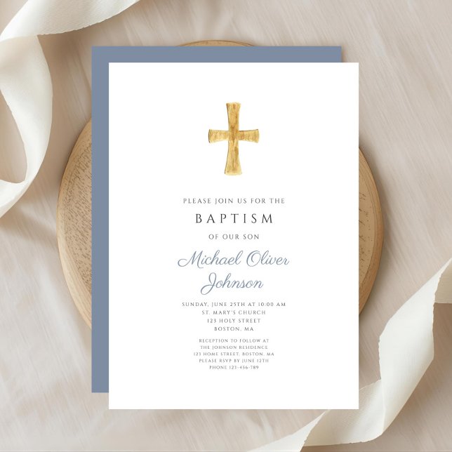 Invitación Moderno bautismo de niño religioso con cruz azul t (Modern Dusty Blue Cross Religious Boy Baptism Invitation)