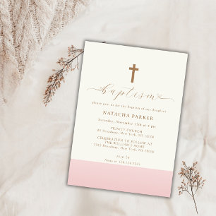Invitación Moderno bautismo Minimalista de cruz de oro rosado