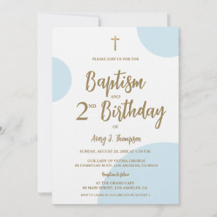 Invitación Moderno Bautizo Azul y Dorado y Segundo Cumpleaños