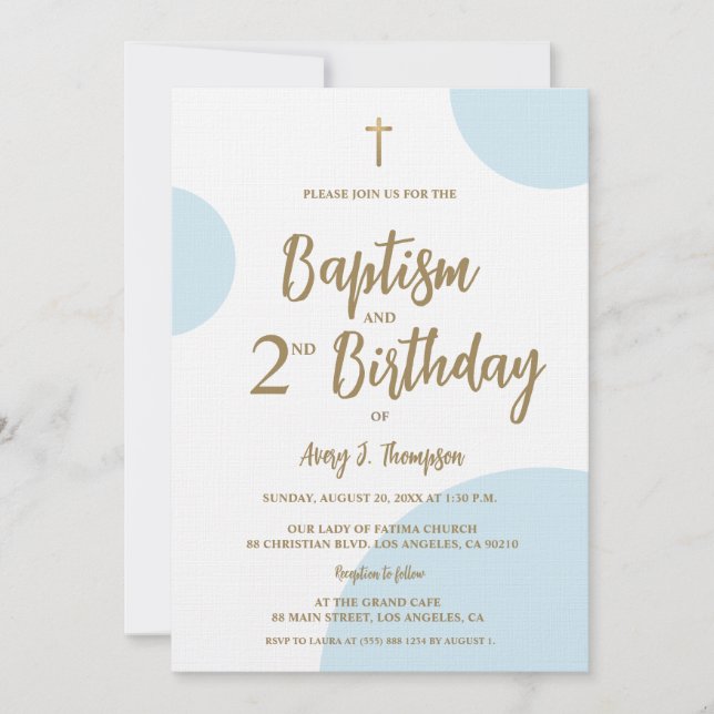 Invitación Moderno Bautizo Azul y Dorado y Segundo Cumpleaños (Anverso)