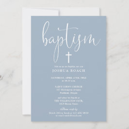 Invitación Moderno Bautizo Elegante Script Azul Polvo