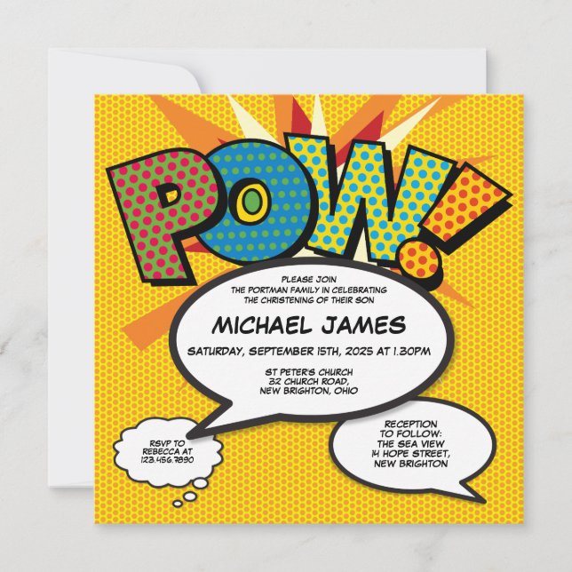 Invitación Moderno Bautizo Foto de Libro Cómic Divertido (Anverso)