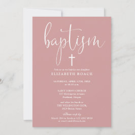 Invitación Moderno Bautizo Rosa Polvo Elegante Letra