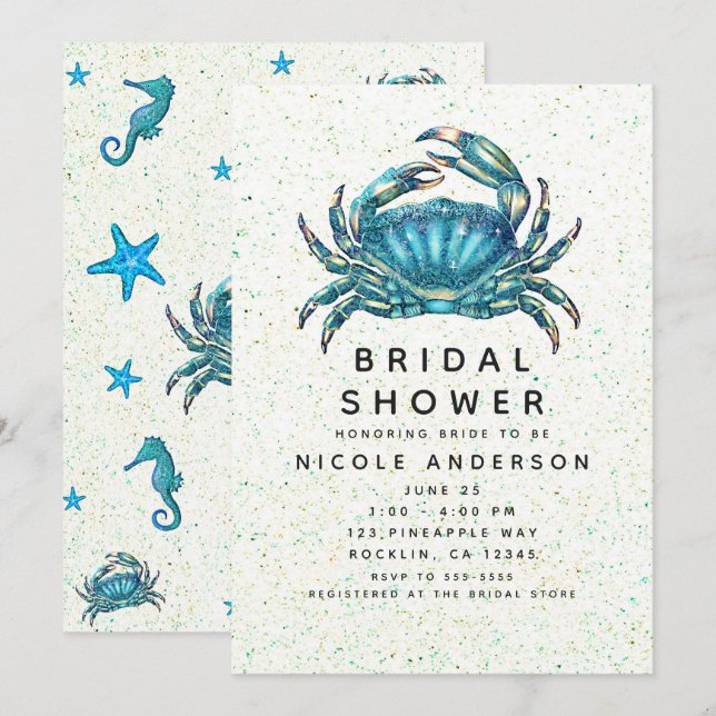 Invitación Moderno Beach Blue Crab Starfish Bridal Shower (Anverso / Reverso)