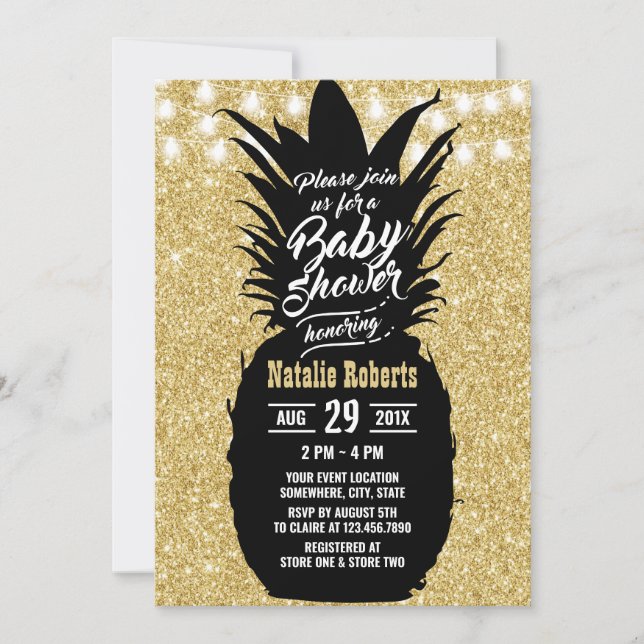 Invitación Moderno Beach Pineapple Black Gold Luau Baby Showe (Anverso)
