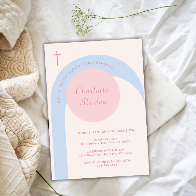 Invitación Moderno beige azul rosado Boho Arch Cross Baptism (Modern Pink Blue Beige Boho Arch Cross Baptism Invitation)