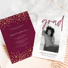 Invitación Moderno Berry Faux Gold Dots Photo Graduation Part