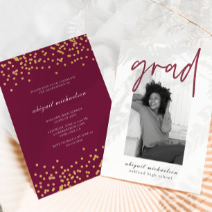 Invitación Moderno Berry Faux Gold Dots Photo Graduation Part