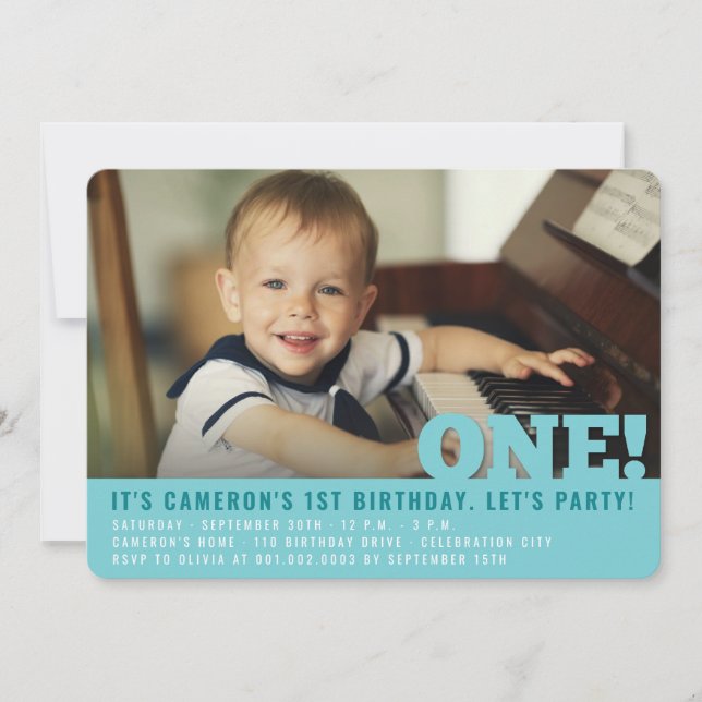 Invitación Moderno Big ONE Fun Baby Boy Foto Primer Cumpleaño (Anverso)