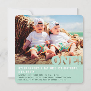Invitación Moderno Big ONE Fun Baby Twins Foto Primer cumplea