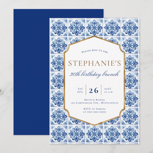 Invitación Moderno Bistro Brunch Marco Tile Azul 30 cumpleaño (Anverso / Reverso)