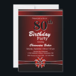 Invitación Moderno Black and Burgundy 80th Birthday Party<br><div class="desc">Invitación a una fiesta de cumpleaños 80 en rojo y negro con texto blanco y una cinta y un arco en rojo y blanco. Reemplace los detalles de esta invitación con los suyos propios para crear la invitación perfecta para la fiesta de cumpleaños para su evento.</div>