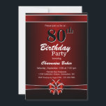 Invitación Moderno Black and Burgundy 80th Birthday Party<br><div class="desc">Invitación a una fiesta de cumpleaños 80 en rojo y negro con texto blanco y una cinta y un arco en rojo y blanco. Reemplace los detalles de esta invitación con los suyos propios para crear la invitación perfecta para la fiesta de cumpleaños para su evento.</div>