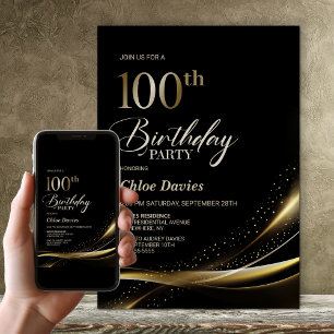 Invitación Moderno Black and Gold 100th Birthday Party