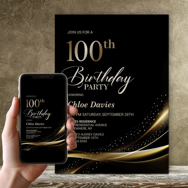 Invitación Moderno Black and Gold 100th Birthday Party (Subido por el creador)