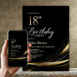 Invitación Moderno Black and Gold 18th Birthday Party<br><div class="desc">Invite a sus amigos y seres queridos a cumplir 18 años con esta moderna invitación de oro y negro. El área de texto de personalizable de esta plantilla de invitación le permite incluir sin esfuerzo todos los detalles necesarios para su celebración especial de cumpleaños, incluyendo la fecha, hora, lugar e...</div>