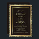 Invitación Moderno Black and Gold 21st Birthday Dinner<br><div class="desc">Una moderna cena de cumpleaños con un borde dorado dentro de un marco de rayas diagonales doradas sobre un fondo negro.</div>