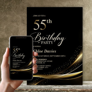 Invitación Moderno Black and Gold 55th Birthday Party