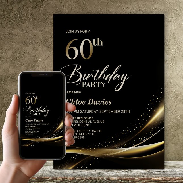 Invitación Moderno Black and Gold 60th Birthday Party (Subido por el creador)